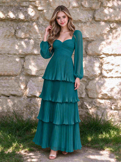 Sweetheart A-Line Long Sleeves Chiffon Tiered Pleated Wedding Guest Dress