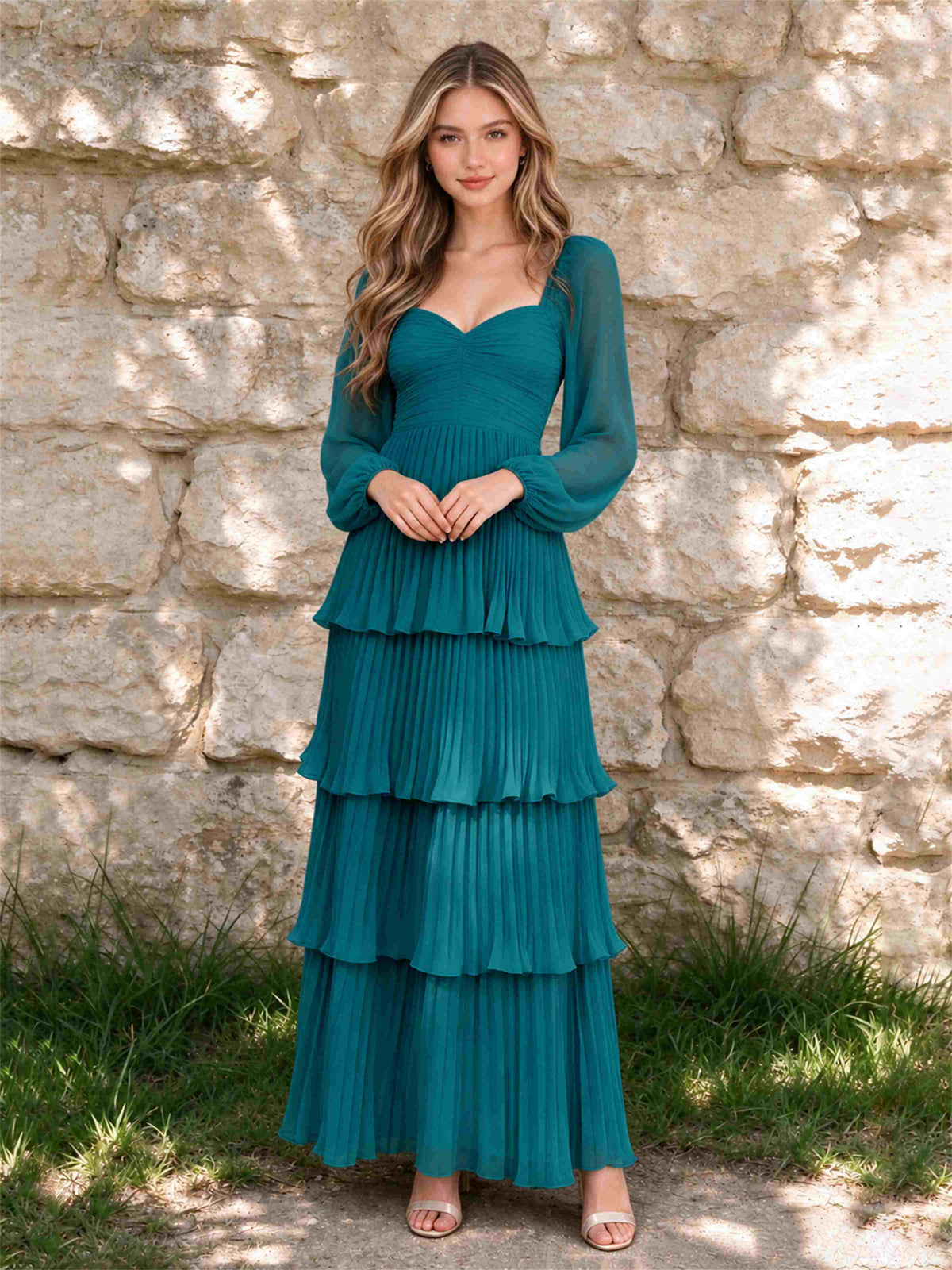 Sweetheart A-Line Long Sleeves Chiffon Tiered Pleated Wedding Guest Dress