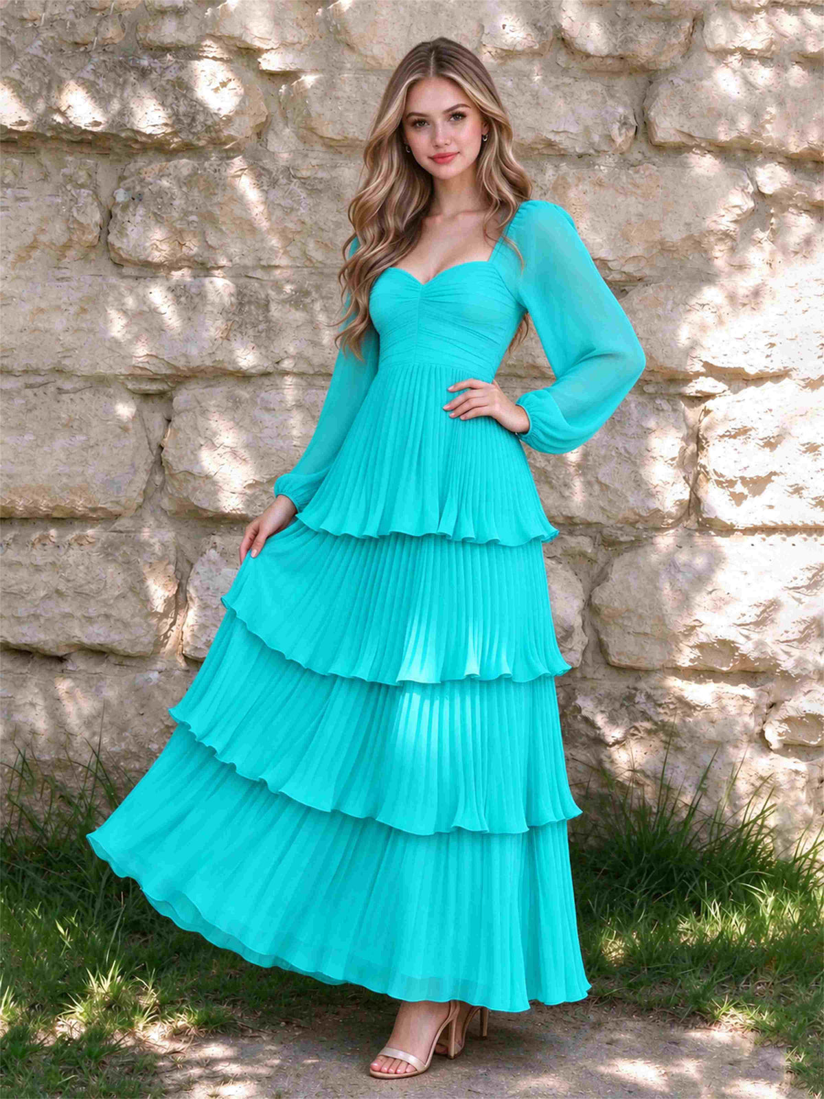 Sweetheart A-Line Long Sleeves Chiffon Tiered Pleated Wedding Guest Dress