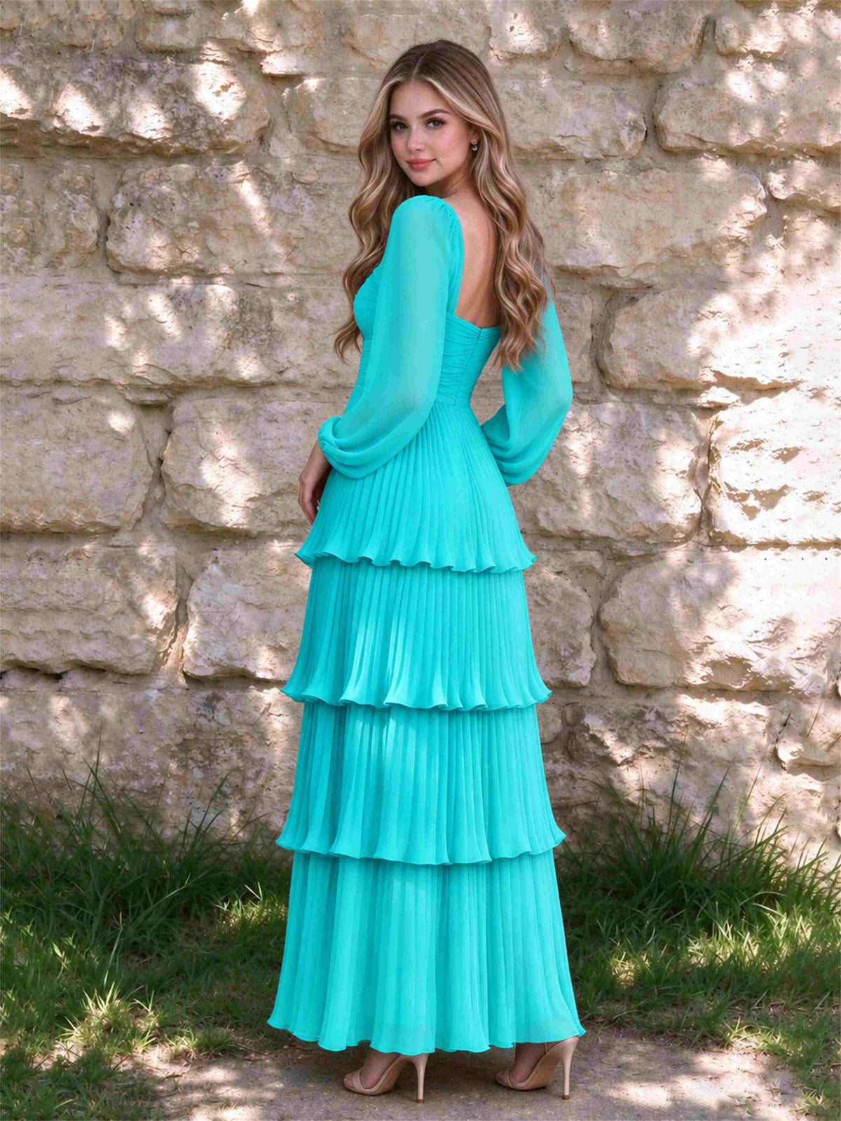 Sweetheart A-Line Long Sleeves Chiffon Tiered Pleated Wedding Guest Dress