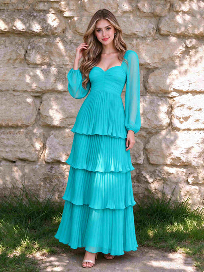 Sweetheart A-Line Long Sleeves Chiffon Tiered Pleated Wedding Guest Dress