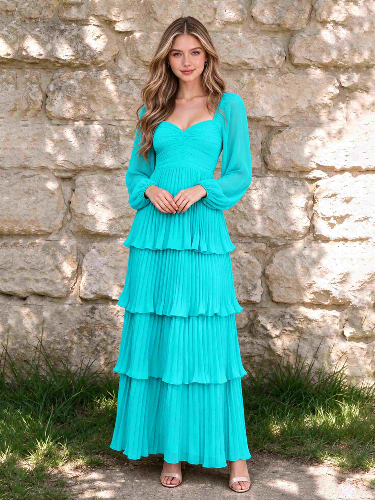Sweetheart A-Line Long Sleeves Chiffon Tiered Pleated Wedding Guest Dress
