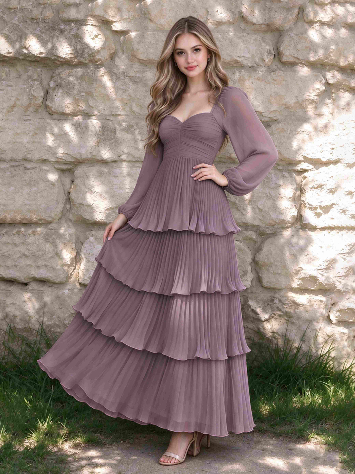 Sweetheart A-Line Long Sleeves Chiffon Tiered Pleated Wedding Guest Dress