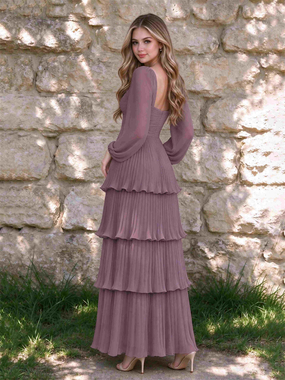 Sweetheart A-Line Long Sleeves Chiffon Tiered Pleated Wedding Guest Dress