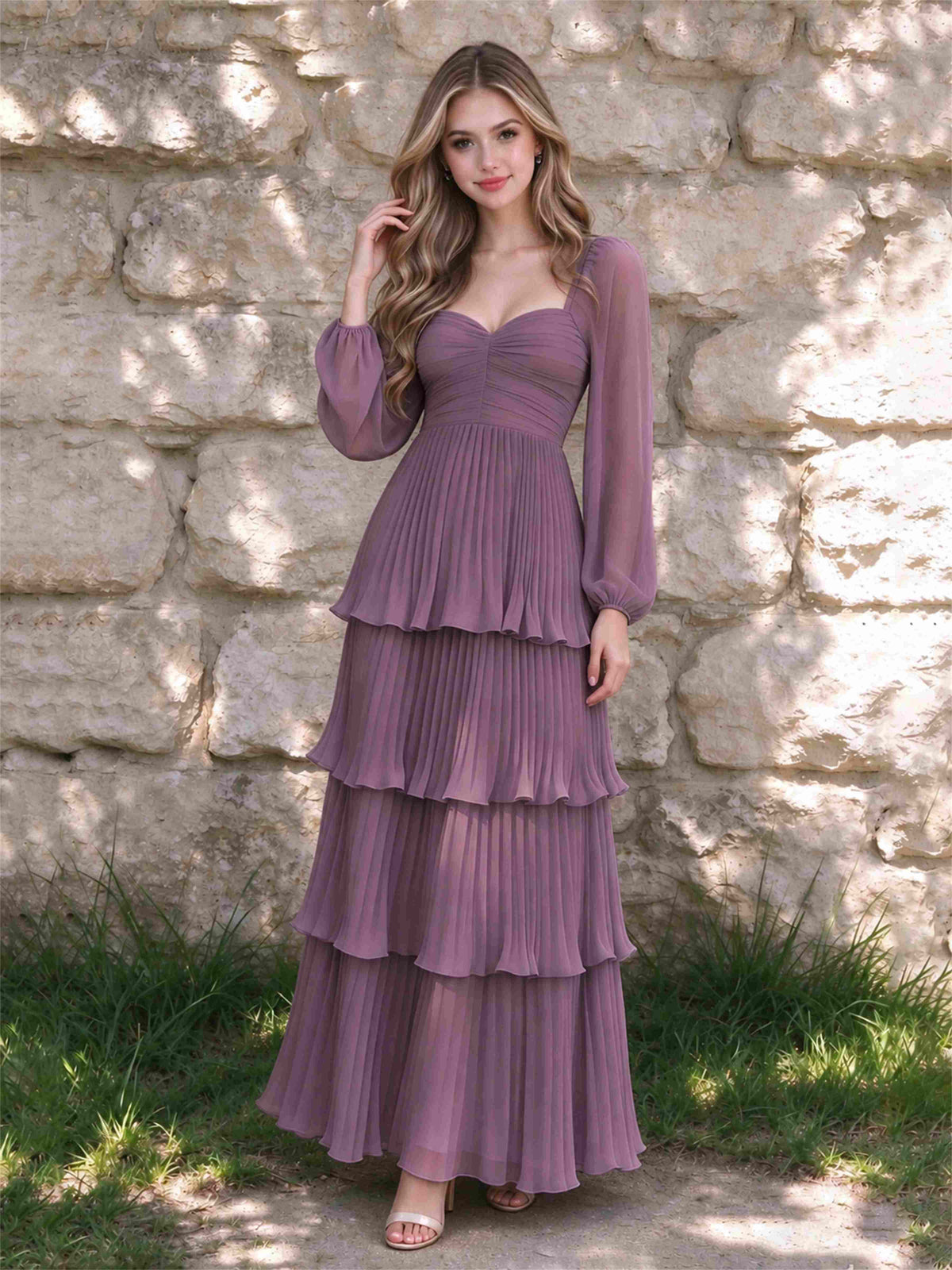 Sweetheart A-Line Long Sleeves Chiffon Tiered Pleated Wedding Guest Dress