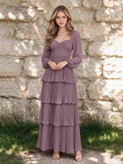 Sweetheart A-Line Long Sleeves Chiffon Tiered Pleated Wedding Guest Dress