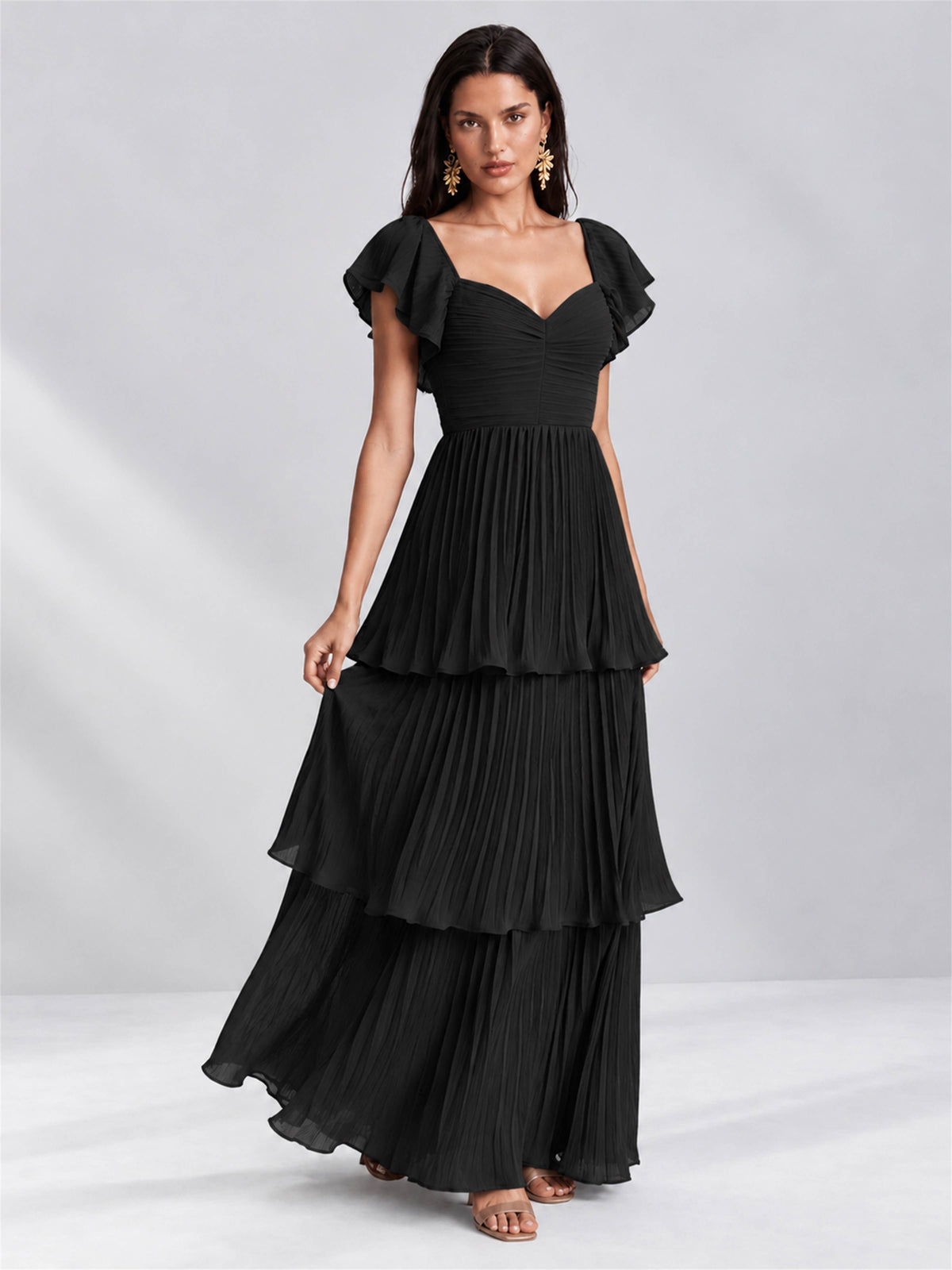 Sweetheart A-Line Tiered Chiffon Pleated Wedding Guest Dress with Flutter Sleeves