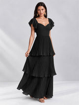 Sweetheart A-Line Tiered Chiffon Pleated Wedding Guest Dress with Flutter Sleeves