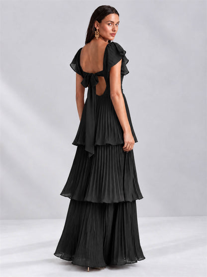 Sweetheart A-Line Tiered Chiffon Pleated Wedding Guest Dress with Flutter Sleeves