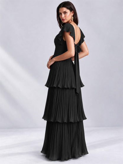 Sweetheart A-Line Tiered Chiffon Pleated Wedding Guest Dress with Flutter Sleeves