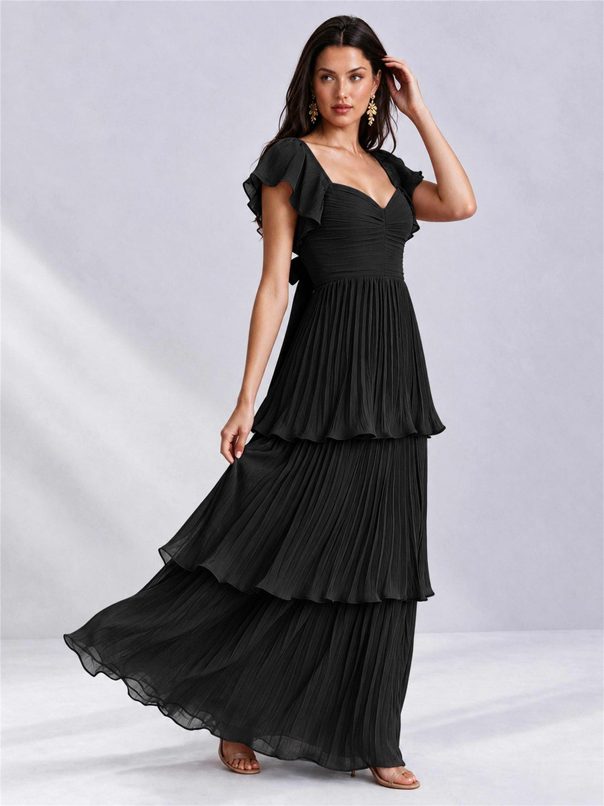 Sweetheart A-Line Tiered Chiffon Pleated Wedding Guest Dress with Flutter Sleeves