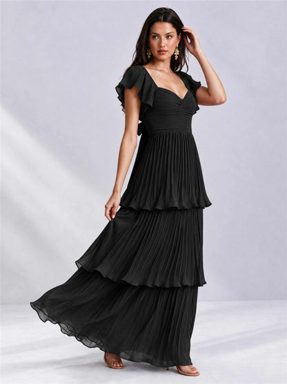 Sweetheart A-Line Tiered Chiffon Pleated Wedding Guest Dress with Flutter Sleeves
