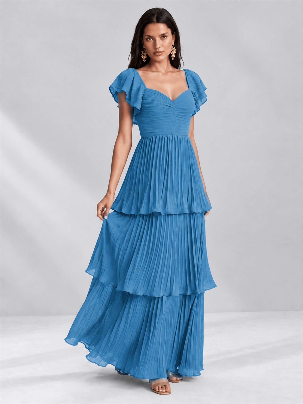 Sweetheart A-Line Tiered Chiffon Pleated Wedding Guest Dress with Flutter Sleeves