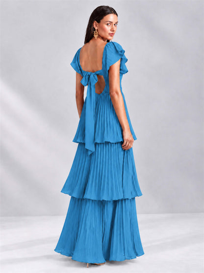 Sweetheart A-Line Tiered Chiffon Pleated Wedding Guest Dress with Flutter Sleeves