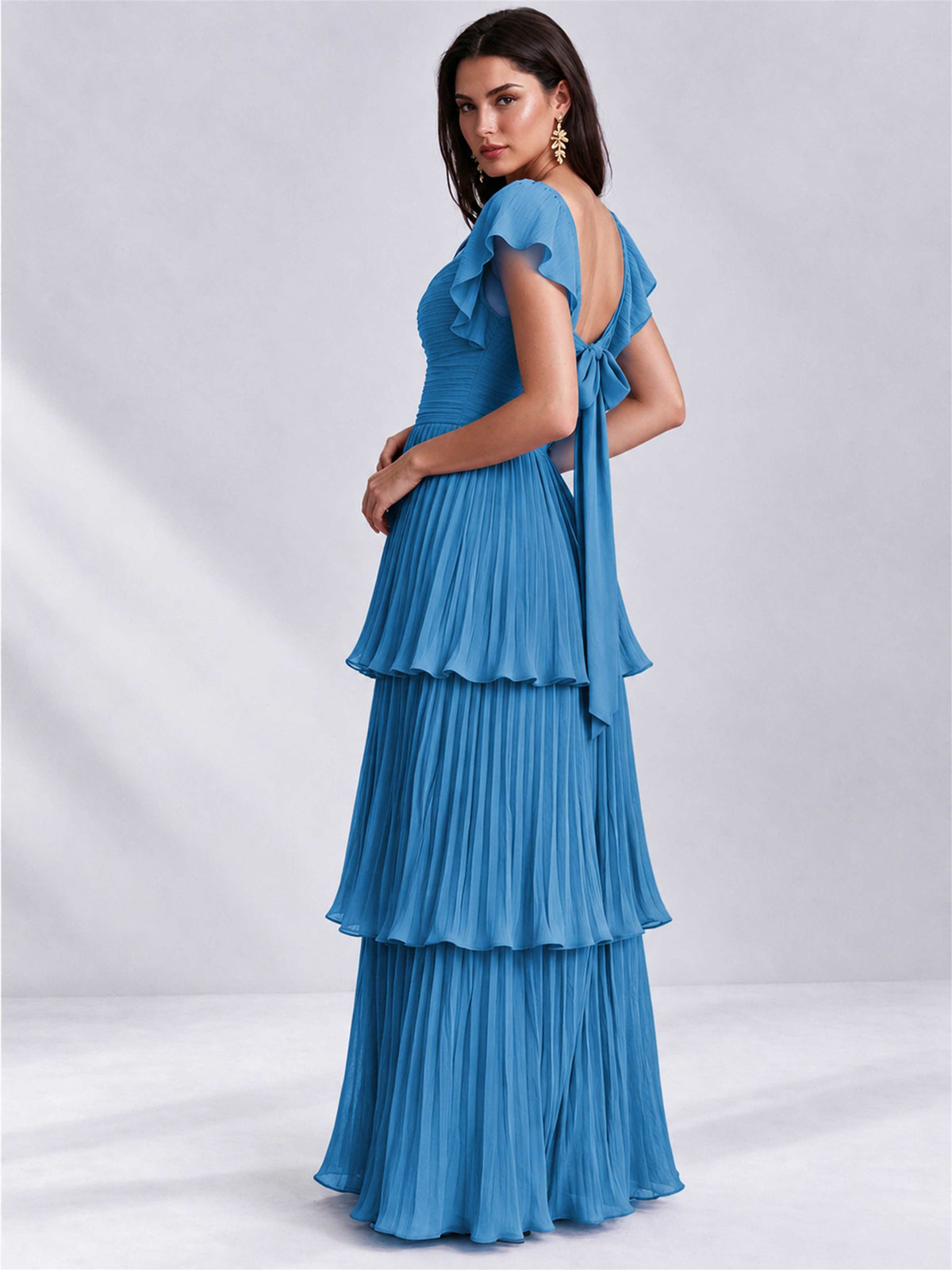 Sweetheart A-Line Tiered Chiffon Pleated Wedding Guest Dress with Flutter Sleeves