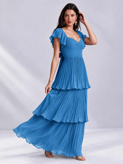 Sweetheart A-Line Tiered Chiffon Pleated Wedding Guest Dress with Flutter Sleeves