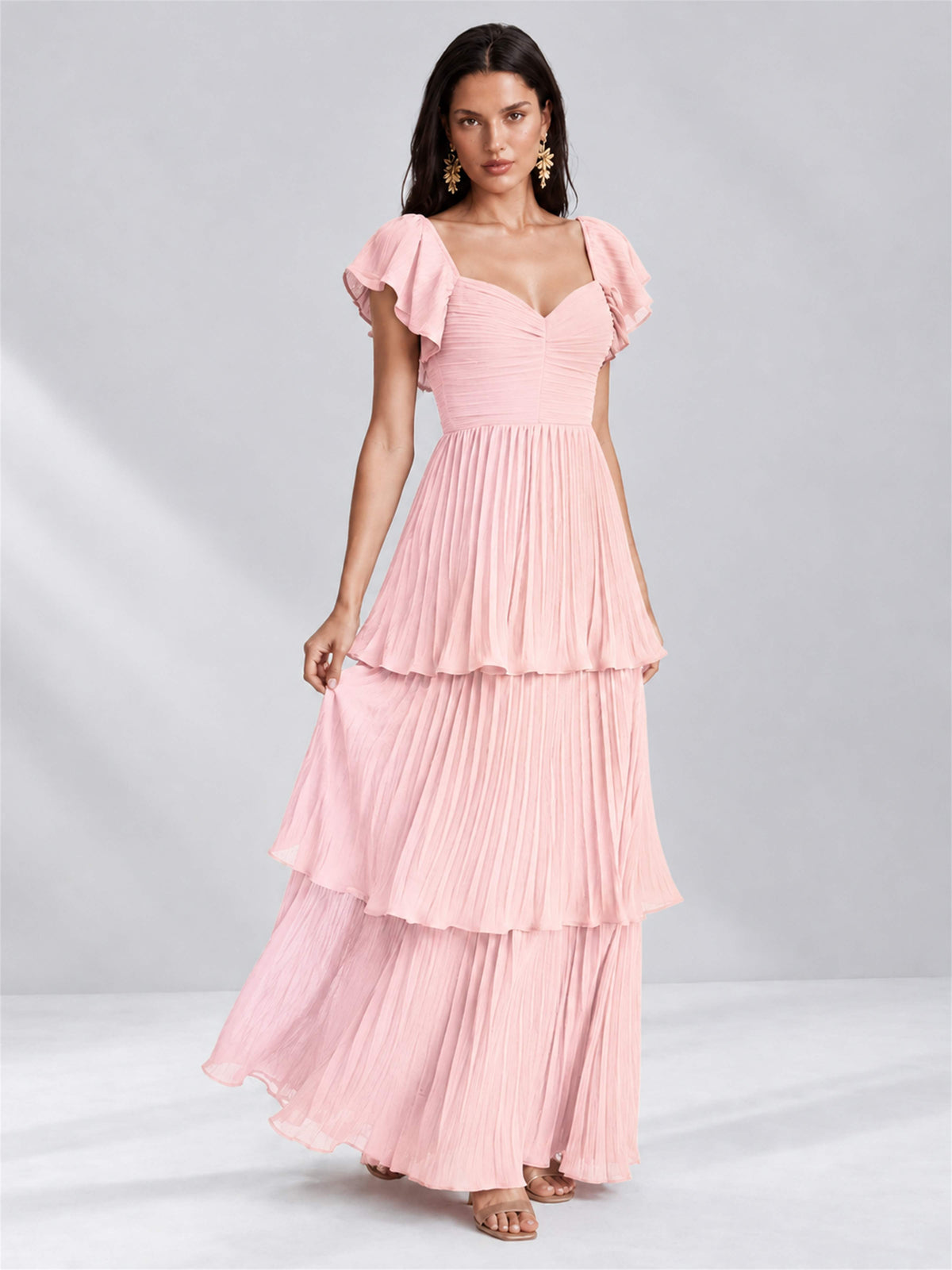 Sweetheart A-Line Tiered Chiffon Pleated Wedding Guest Dress with Flutter Sleeves