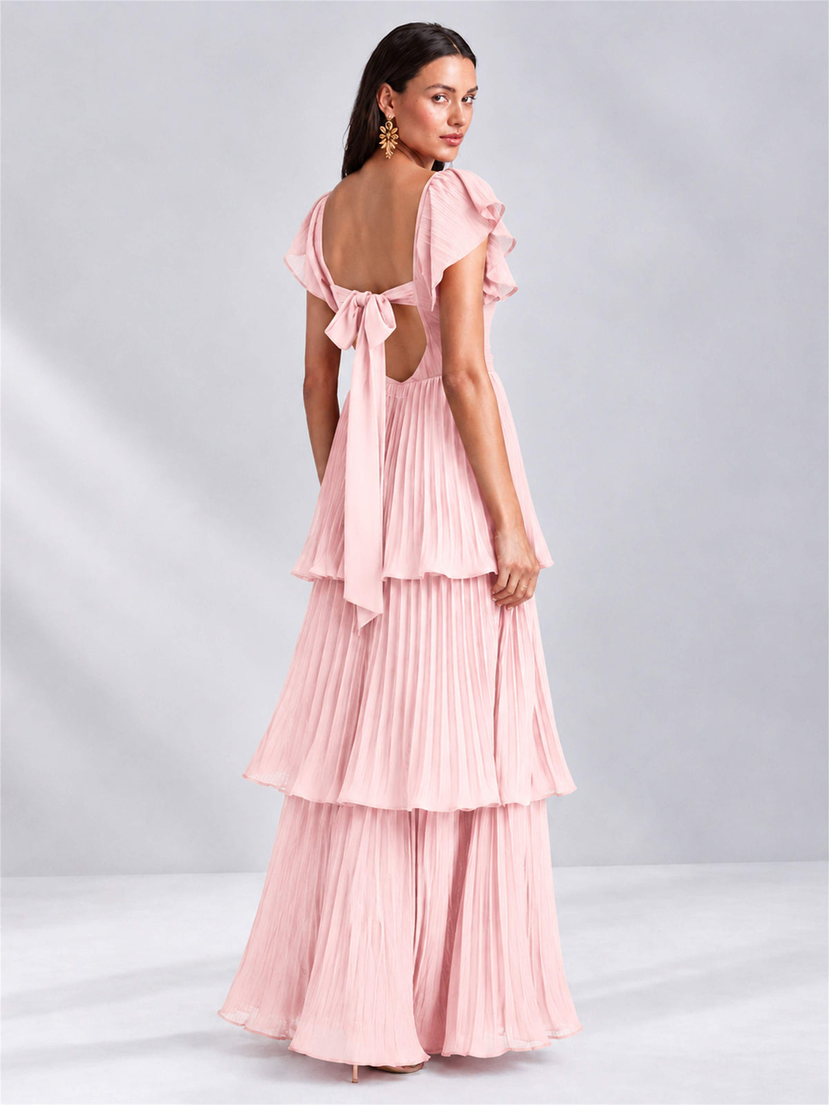Sweetheart A-Line Tiered Chiffon Pleated Wedding Guest Dress with Flutter Sleeves