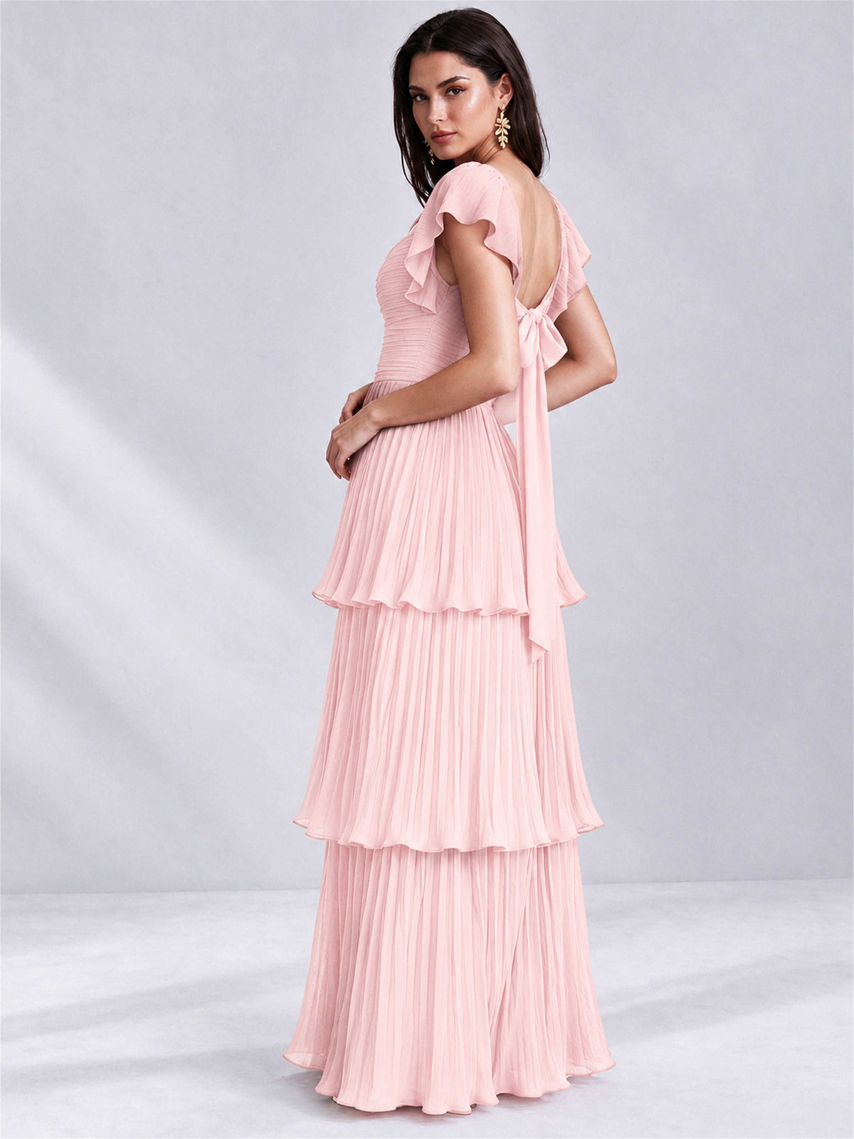 Sweetheart A-Line Tiered Chiffon Pleated Wedding Guest Dress with Flutter Sleeves