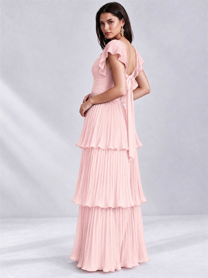 Sweetheart A-Line Tiered Chiffon Pleated Wedding Guest Dress with Flutter Sleeves