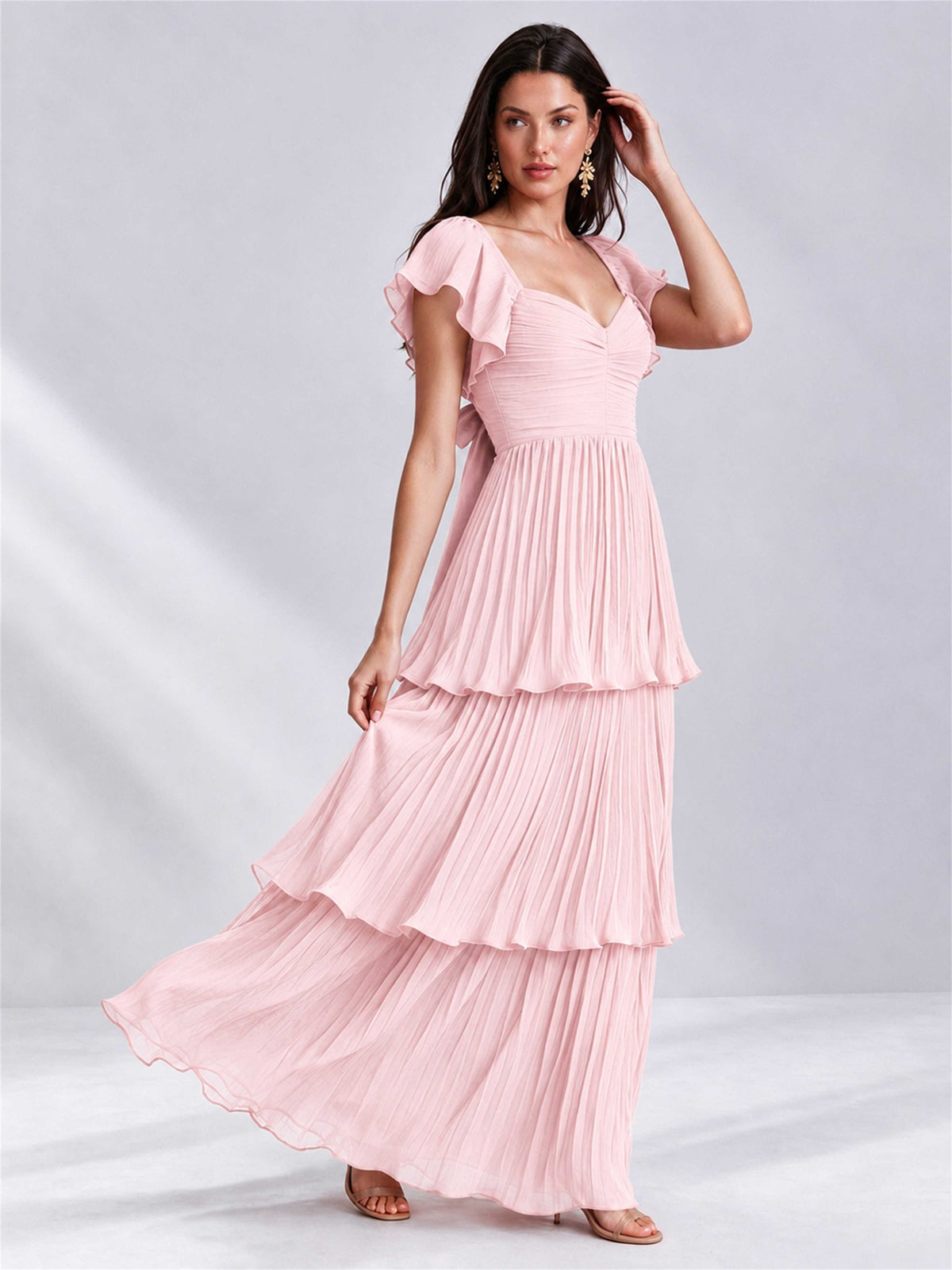 Sweetheart A-Line Tiered Chiffon Pleated Wedding Guest Dress with Flutter Sleeves
