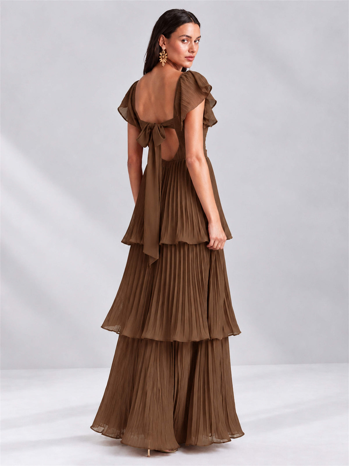 Sweetheart A-Line Tiered Chiffon Pleated Wedding Guest Dress with Flutter Sleeves