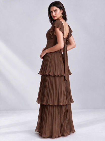 Sweetheart A-Line Tiered Chiffon Pleated Wedding Guest Dress with Flutter Sleeves