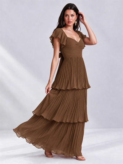Sweetheart A-Line Tiered Chiffon Pleated Wedding Guest Dress with Flutter Sleeves
