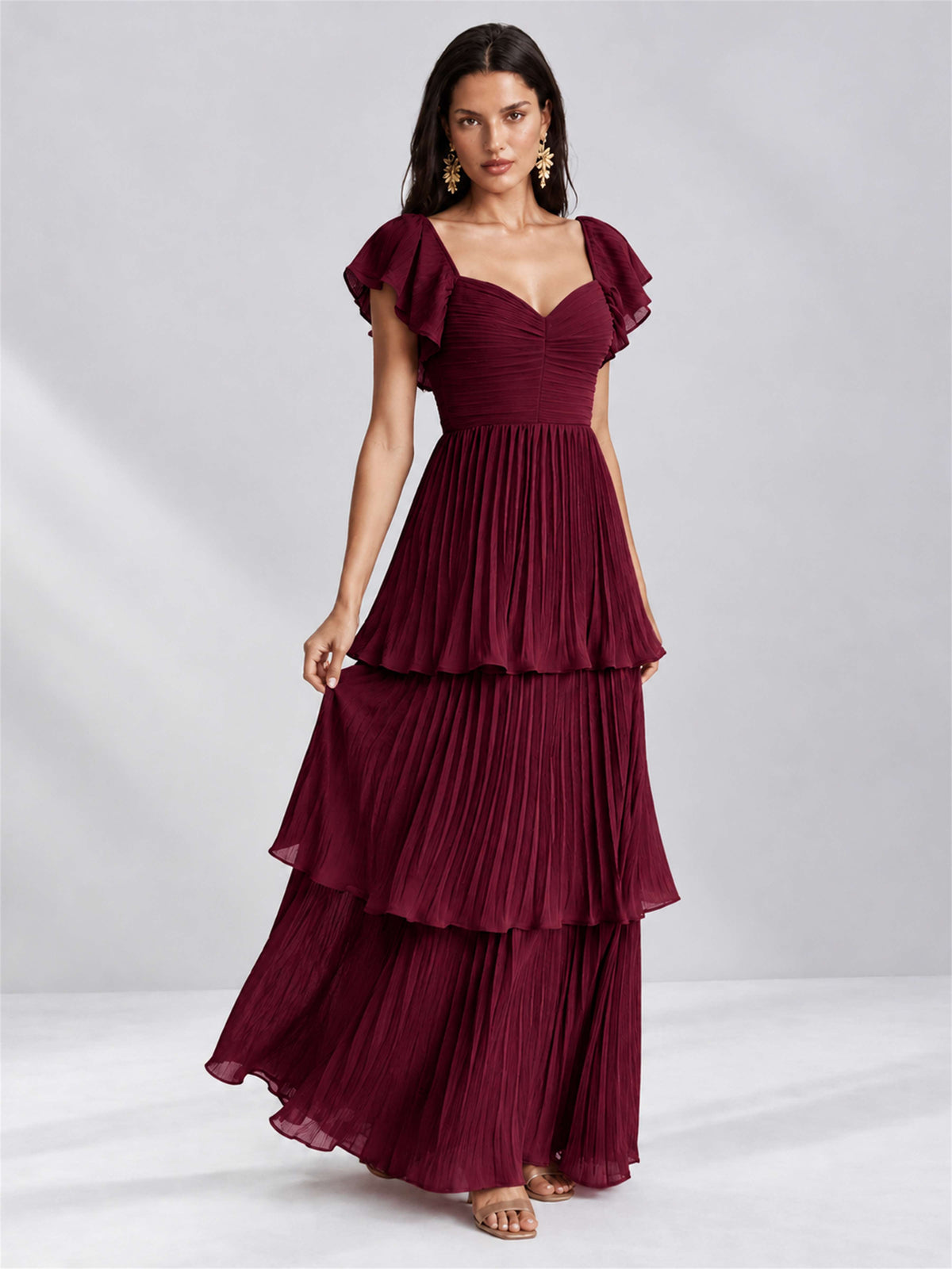 Sweetheart A-Line Tiered Chiffon Pleated Wedding Guest Dress with Flutter Sleeves