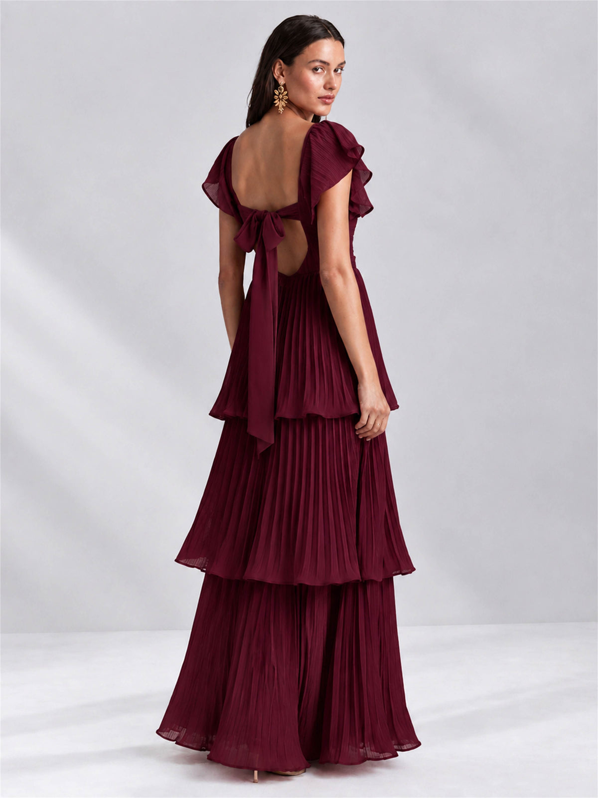 Sweetheart A-Line Tiered Chiffon Pleated Wedding Guest Dress with Flutter Sleeves
