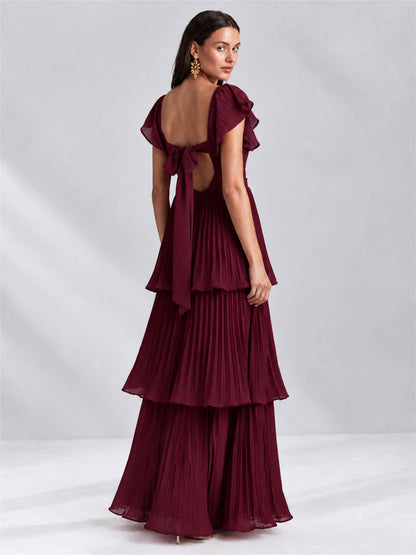 Sweetheart A-Line Tiered Chiffon Pleated Wedding Guest Dress with Flutter Sleeves