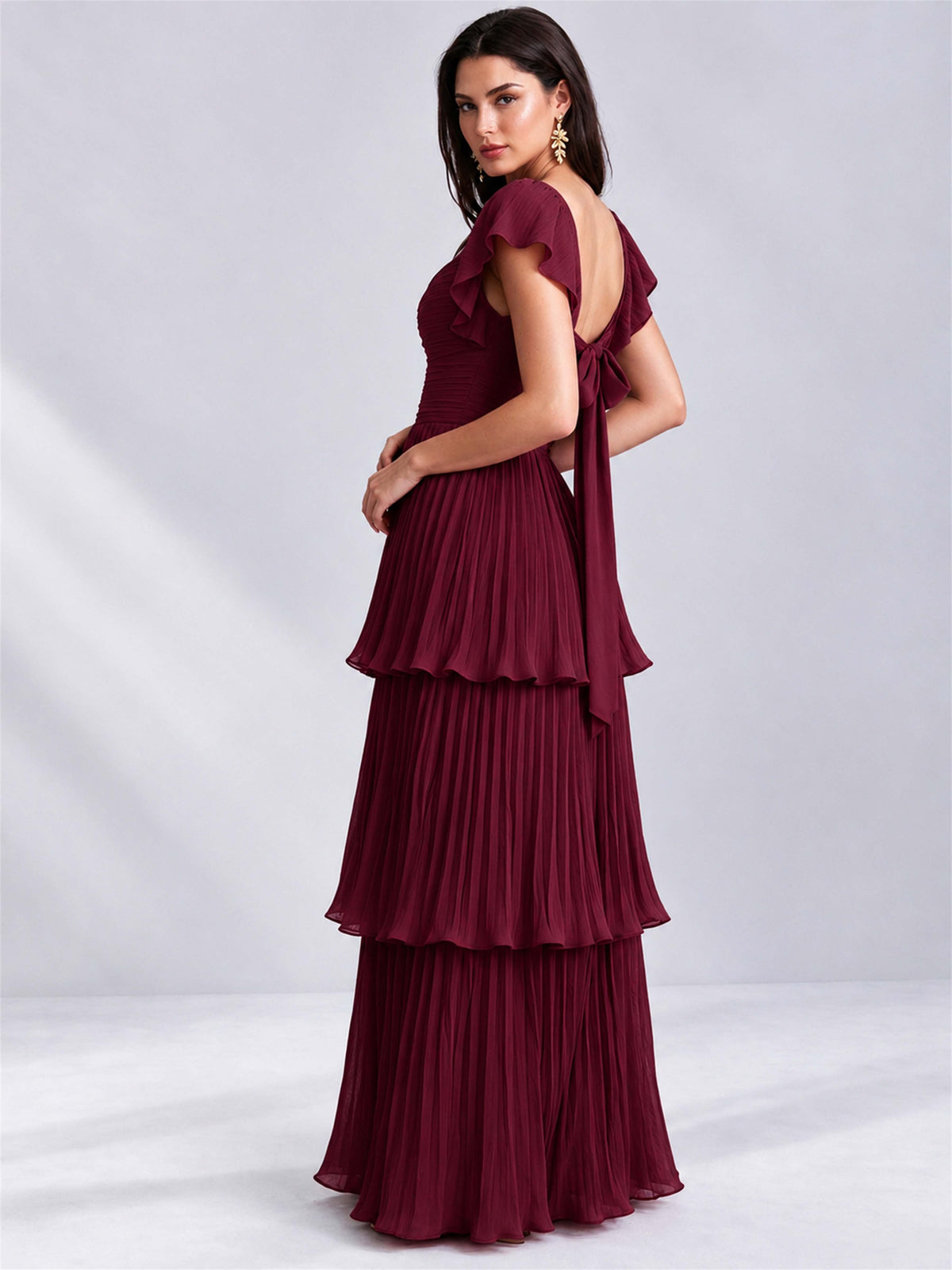 Sweetheart A-Line Tiered Chiffon Pleated Wedding Guest Dress with Flutter Sleeves