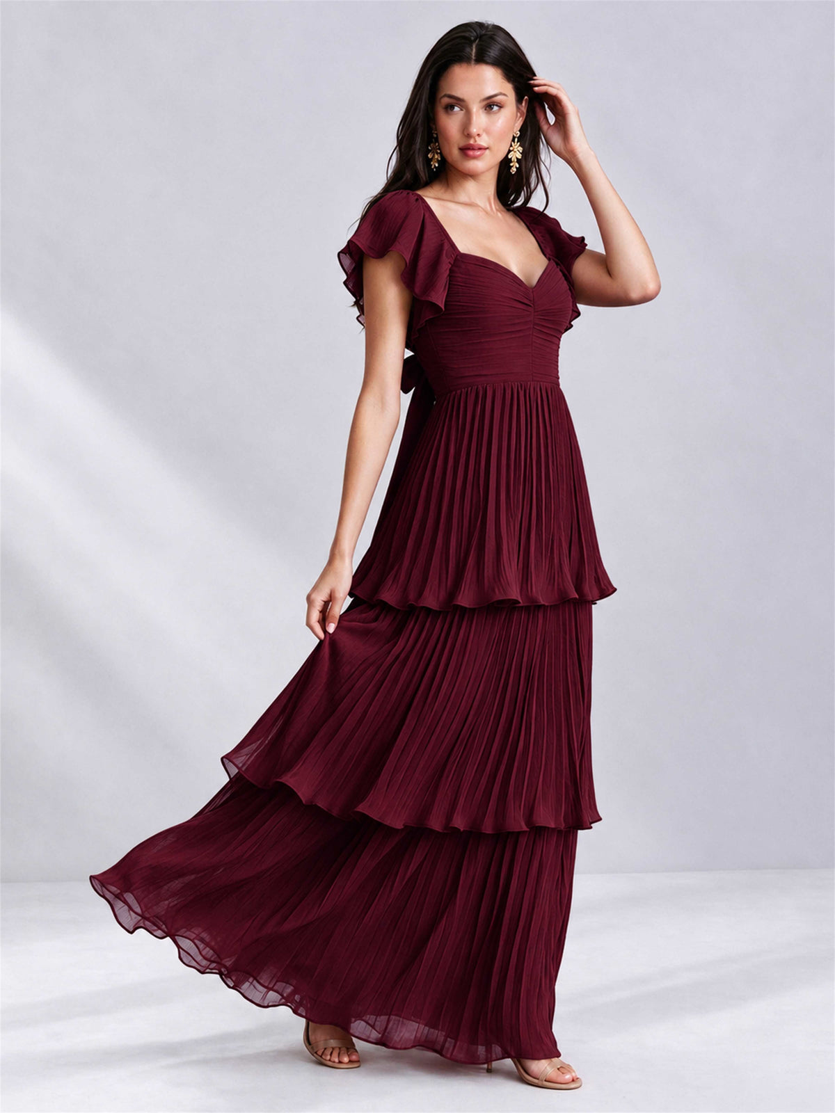 Sweetheart A-Line Tiered Chiffon Pleated Wedding Guest Dress with Flutter Sleeves