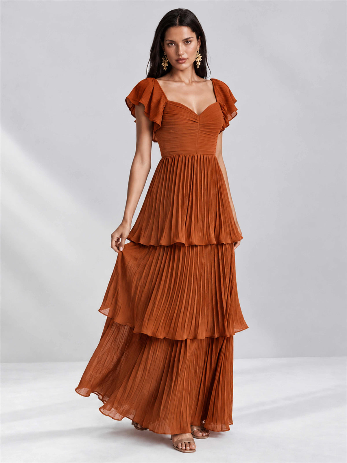 Sweetheart A-Line Tiered Chiffon Pleated Wedding Guest Dress with Flutter Sleeves