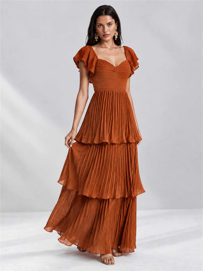 Sweetheart A-Line Tiered Chiffon Pleated Wedding Guest Dress with Flutter Sleeves