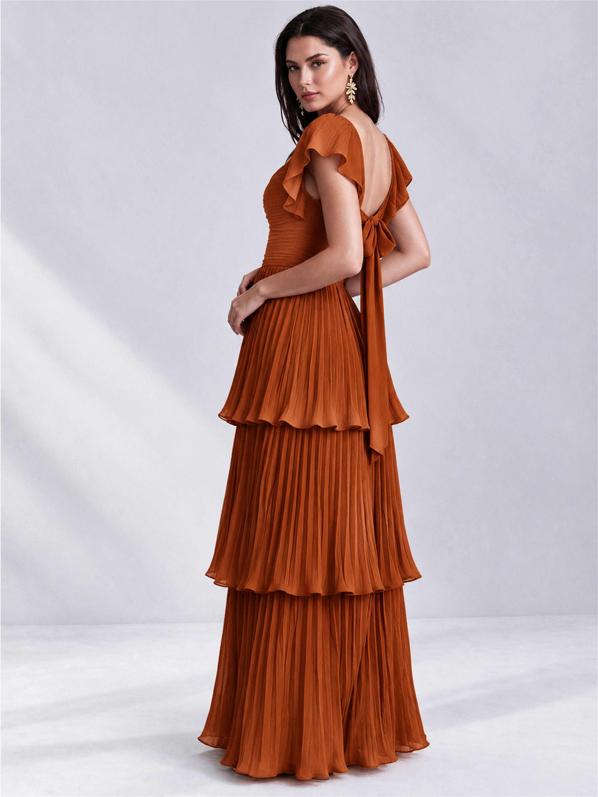 Sweetheart A-Line Tiered Chiffon Pleated Wedding Guest Dress with Flutter Sleeves