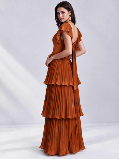 Sweetheart A-Line Tiered Chiffon Pleated Wedding Guest Dress with Flutter Sleeves