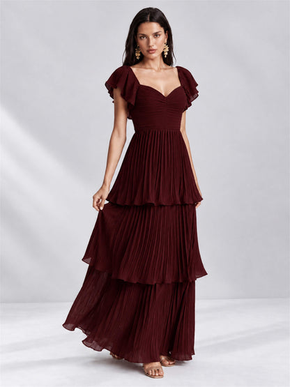 Sweetheart A-Line Tiered Chiffon Pleated Wedding Guest Dress with Flutter Sleeves