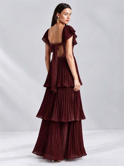 Sweetheart A-Line Tiered Chiffon Pleated Wedding Guest Dress with Flutter Sleeves