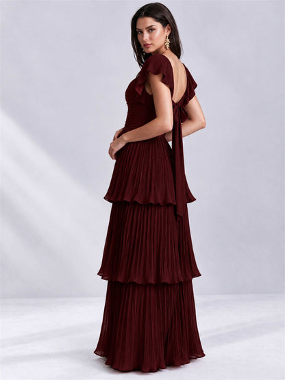 Sweetheart A-Line Tiered Chiffon Pleated Wedding Guest Dress with Flutter Sleeves