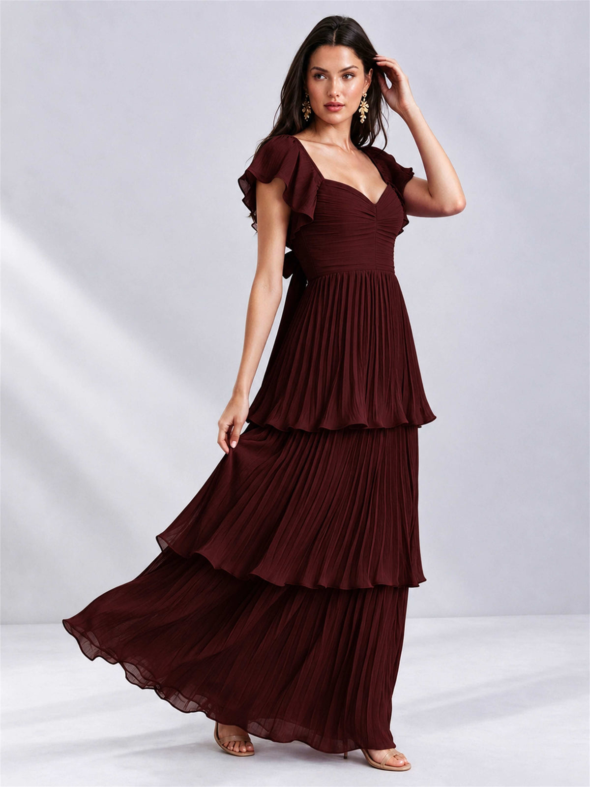 Sweetheart A-Line Tiered Chiffon Pleated Wedding Guest Dress with Flutter Sleeves