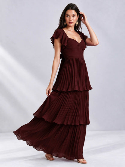Sweetheart A-Line Tiered Chiffon Pleated Wedding Guest Dress with Flutter Sleeves