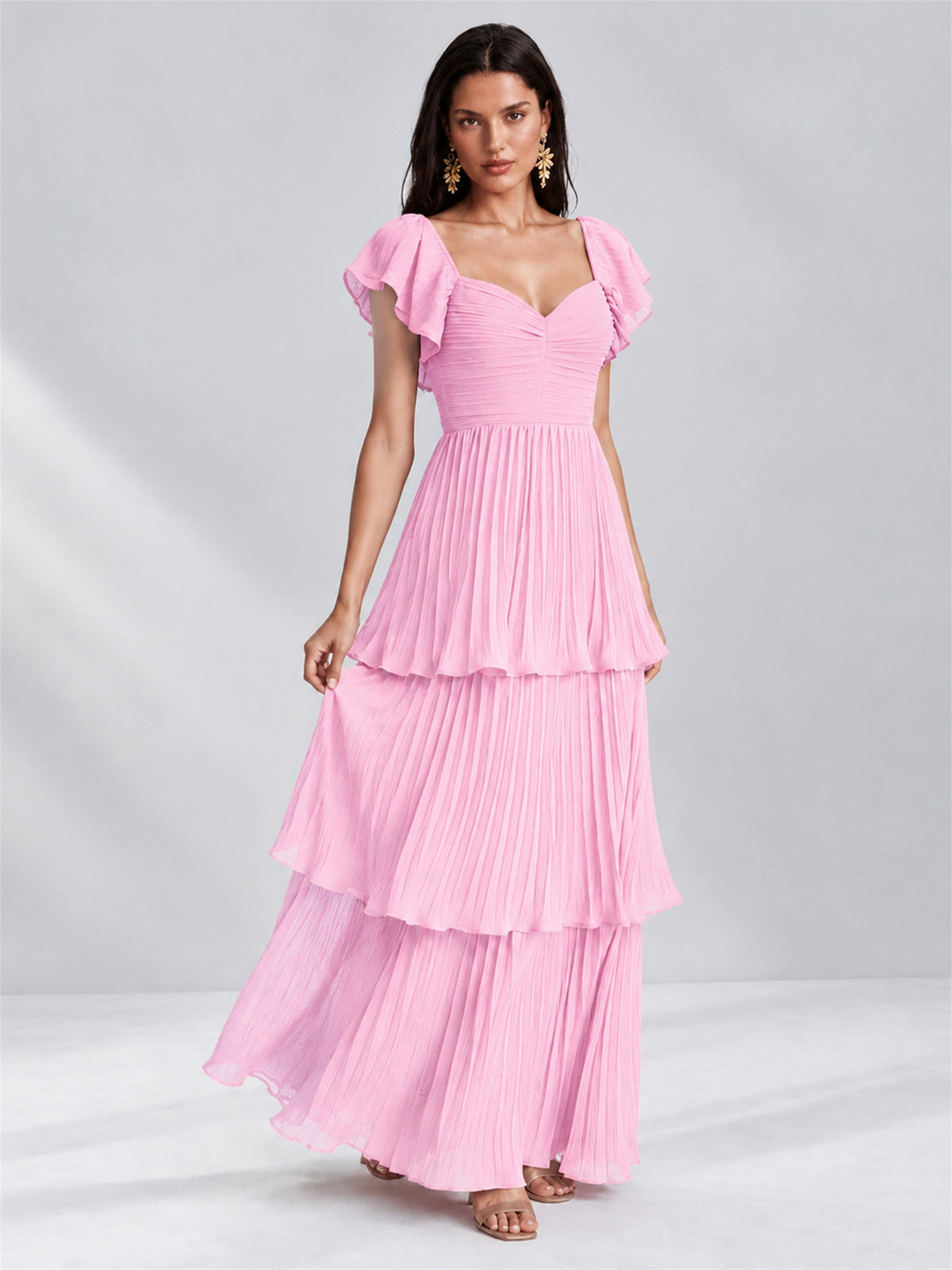 Sweetheart A-Line Tiered Chiffon Pleated Wedding Guest Dress with Flutter Sleeves