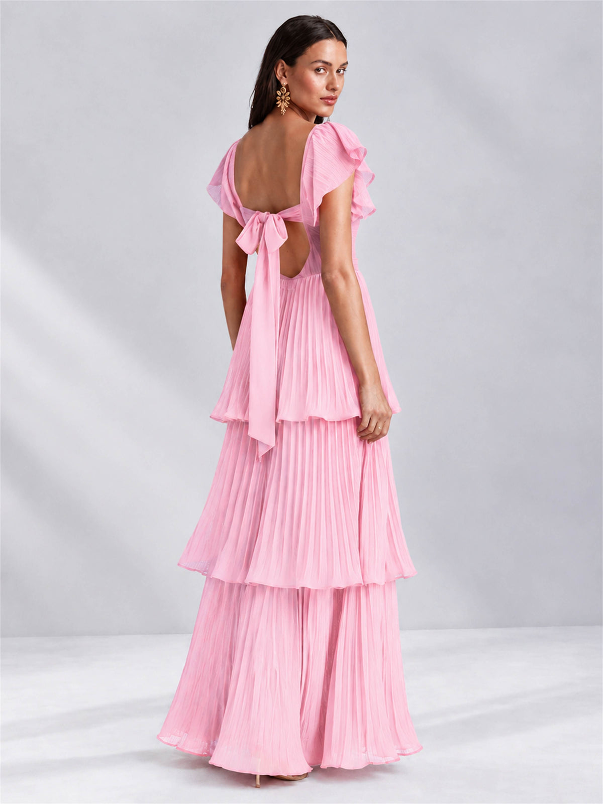 Sweetheart A-Line Tiered Chiffon Pleated Wedding Guest Dress with Flutter Sleeves