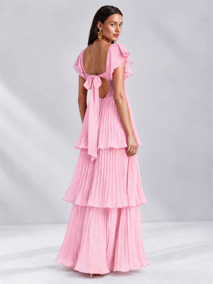 Sweetheart A-Line Tiered Chiffon Pleated Wedding Guest Dress with Flutter Sleeves