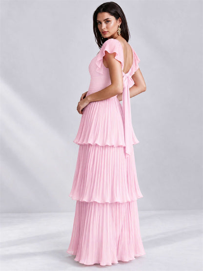 Sweetheart A-Line Tiered Chiffon Pleated Wedding Guest Dress with Flutter Sleeves