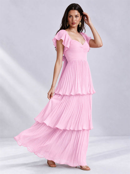 Sweetheart A-Line Tiered Chiffon Pleated Wedding Guest Dress with Flutter Sleeves