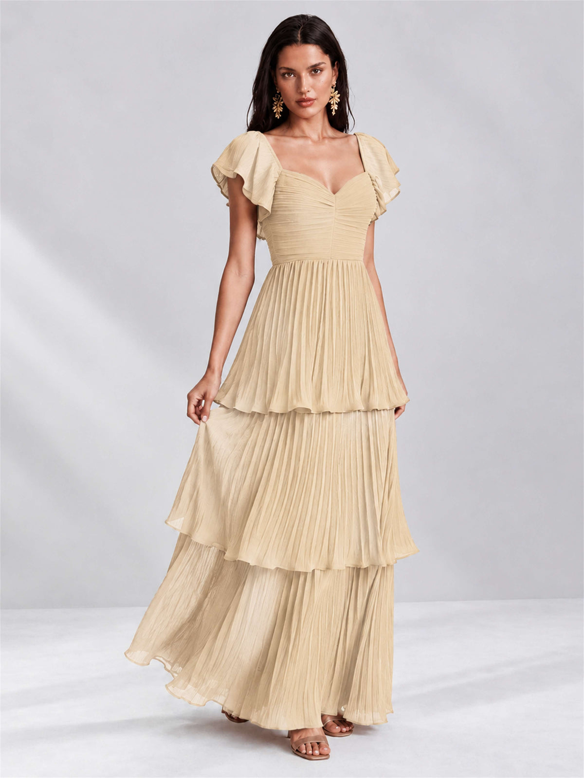 Sweetheart A-Line Tiered Chiffon Pleated Wedding Guest Dress with Flutter Sleeves
