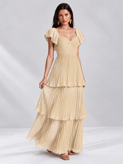 Sweetheart A-Line Tiered Chiffon Pleated Wedding Guest Dress with Flutter Sleeves