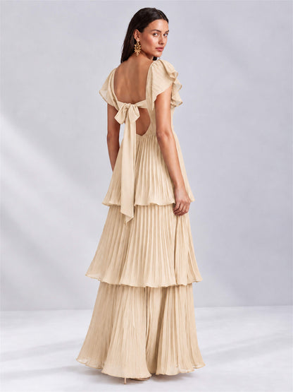 Sweetheart A-Line Tiered Chiffon Pleated Wedding Guest Dress with Flutter Sleeves